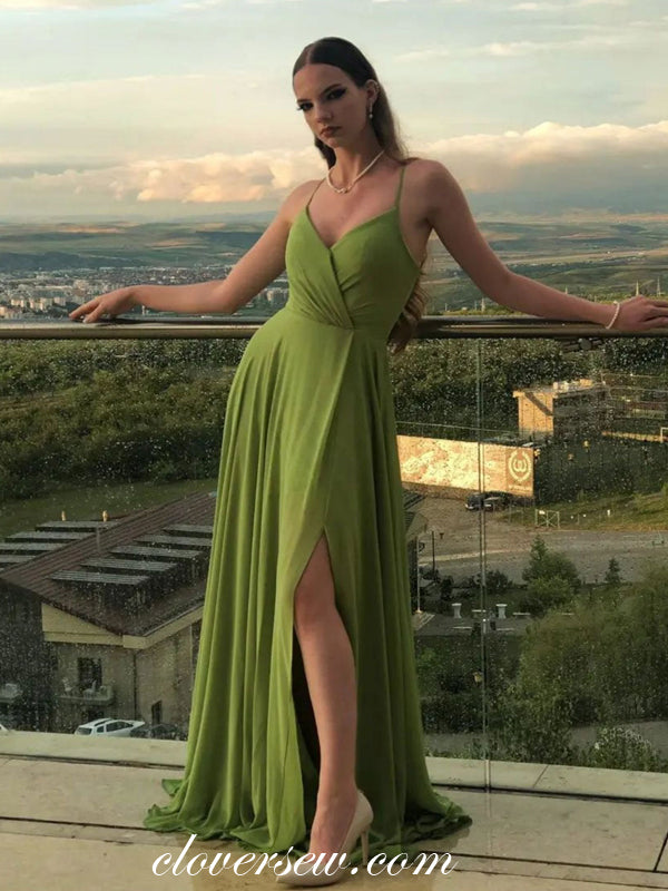 Green Chiffon Spaghetti Strap Side Slit Formal Dresses, CP0839 clover sew Green Chiffon Spaghetti Strap Side Slit Formal Dresses, CP0839 clover sew