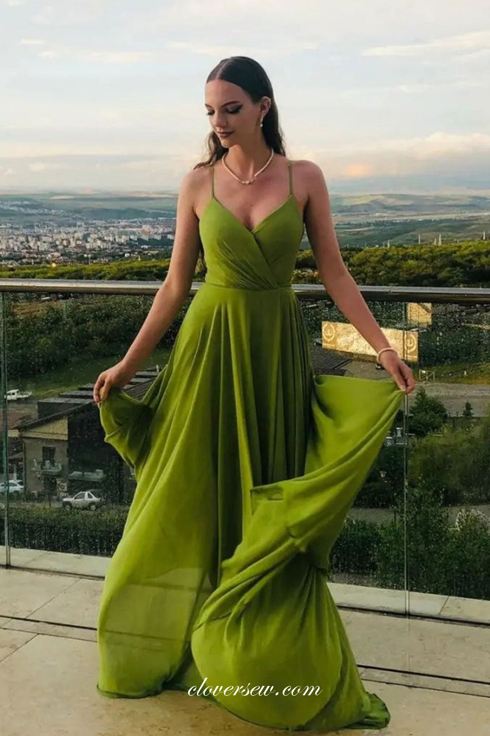 Green Chiffon Spaghetti Strap Side Slit Formal Dresses, CP0839