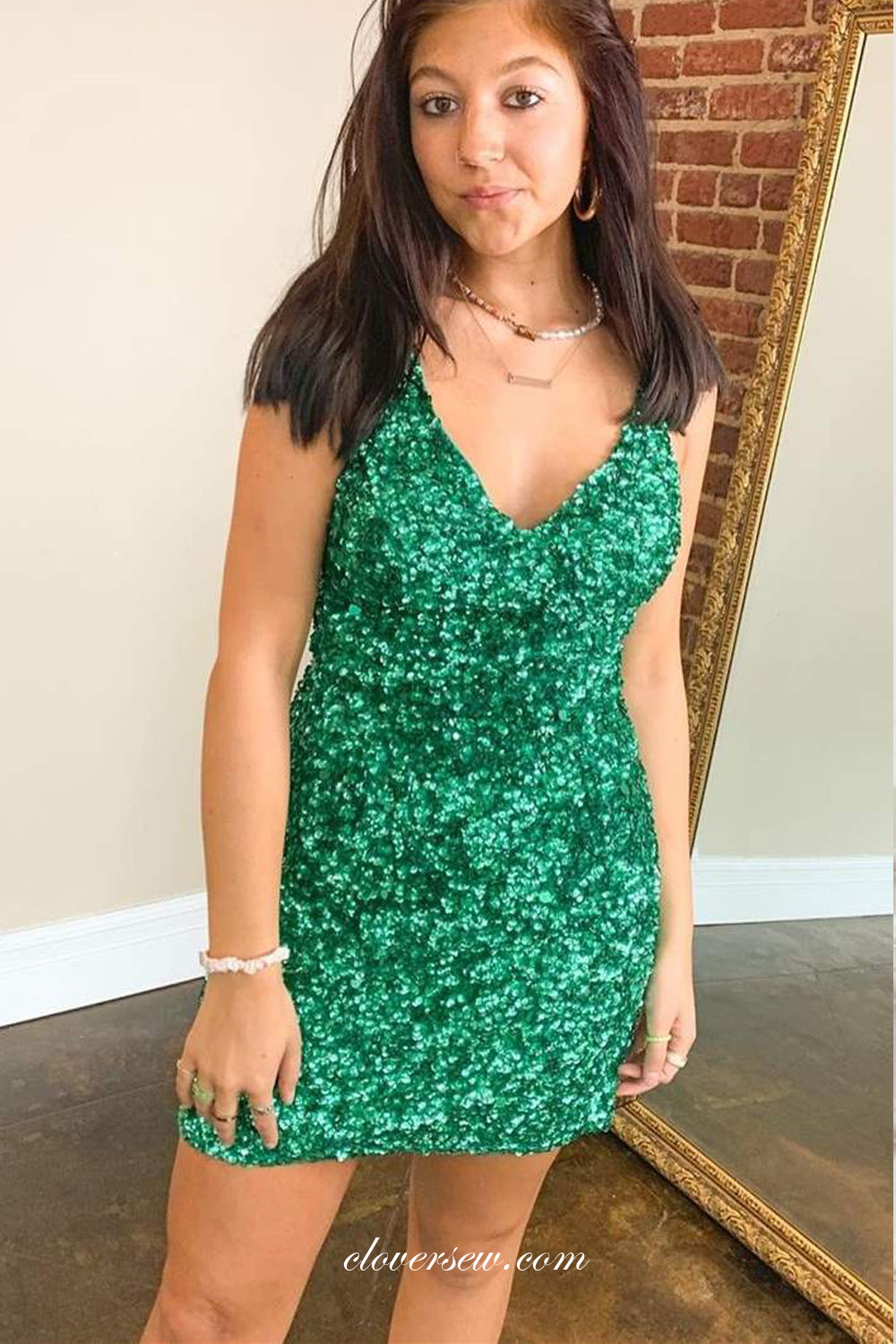 Green Sequin Open Back Sheath Mini Party Dressea, CH0047