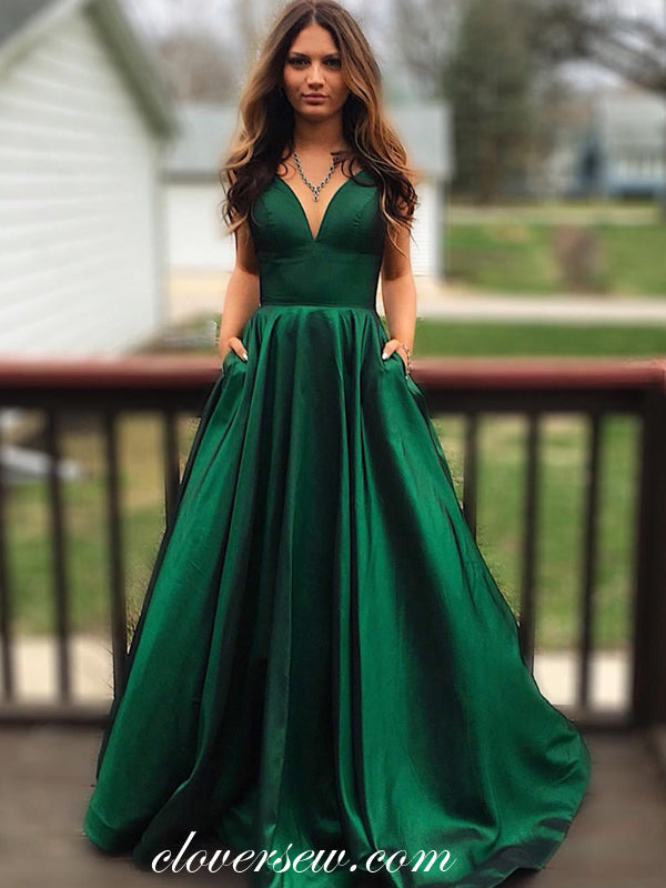 Green Satin Spaghetti Strap A line With Pocket Prom Dresses CP0374