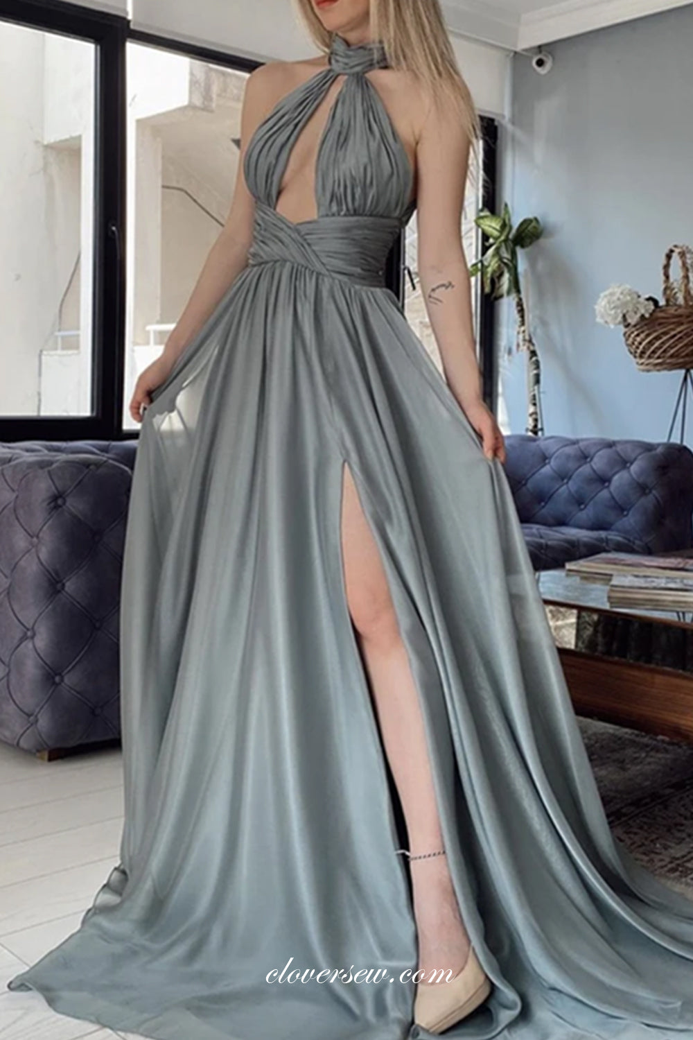 Grey Chiffon Halter Pleating Sexy Slit Occasion Dresses, CP0757