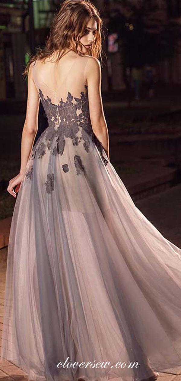 Grey Tulle Lace Illusion Sleeveless A-line Prom Dresses, CP0491