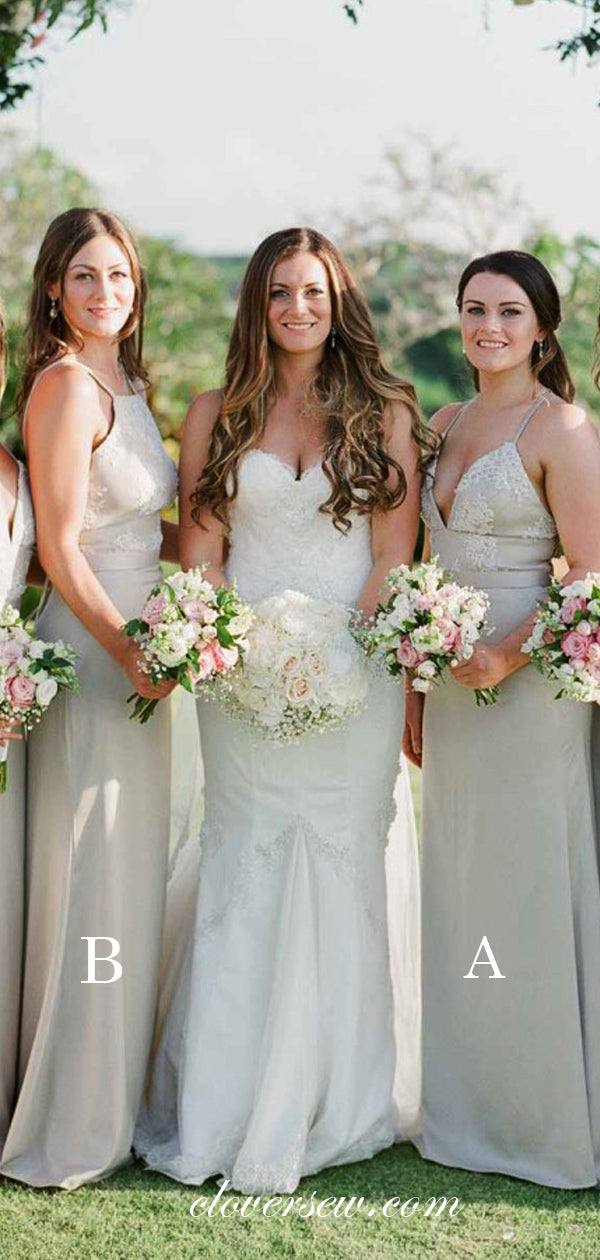 Grey Lace Chiffon Spaghetti Strap Mismatched Long Bridesmaid Dresses , CB0016