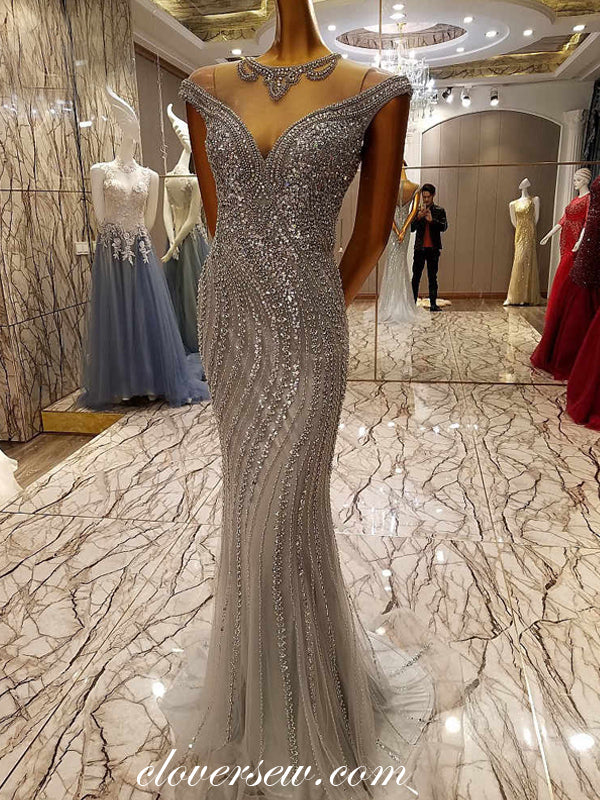 Grey Tulle Shiny Bead Rhinestone Illusion Neckline Formal Dresses , CP0119 Grey Tulle Shiny Bead Rhinestone Illusion Neckline Formal Dresses , CP0119