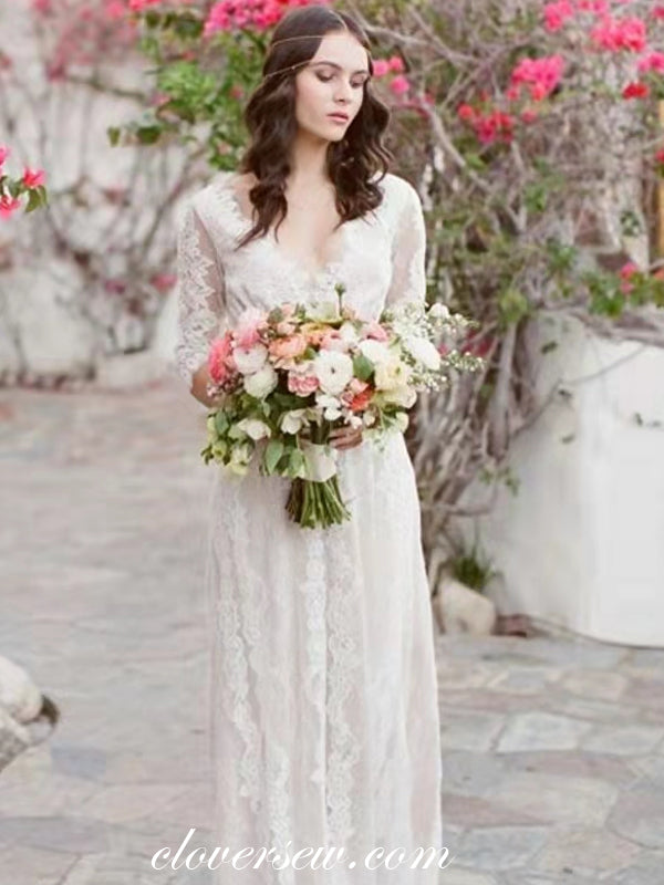 Half Sleeves Lace Charming V-neck Column Boho Wedding Dresses, CW0277