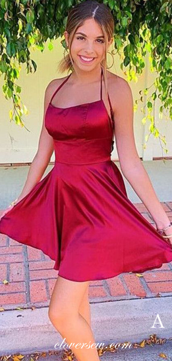 Halter Satin Lace Up Back Short Homecoming Dresses, CH0021