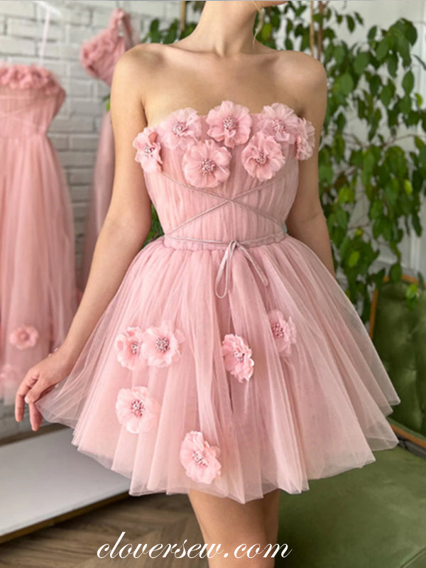 Handmade Flowers Pink Tulle Strapless Short Party Dresses, CP1012