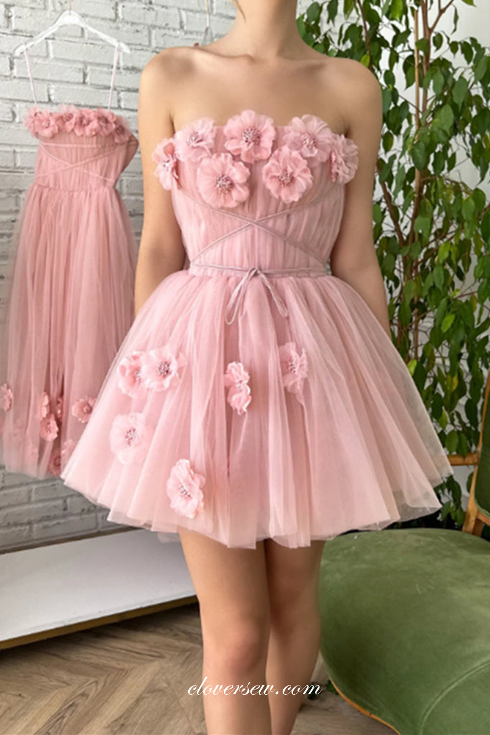 Handmade Flowers Pink Tulle Strapless Short Party Dresses, CP1012