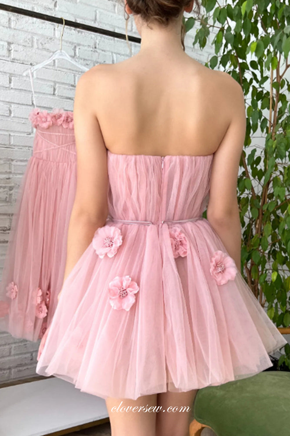 Handmade Flowers Pink Tulle Strapless Short Party Dresses, CP1012