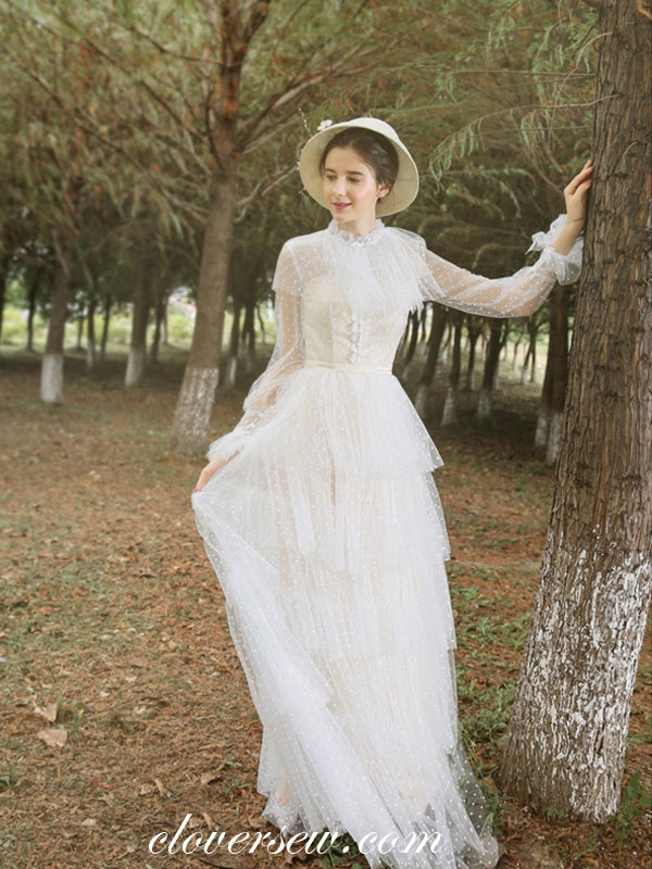 High Neck Lace Tulle Long Sleeves Column Tiered Vintage Wedding Dresse clover sew High Neck Lace Tulle Long Sleeves Column Tiered Vintage Wedding Dresse clover sew