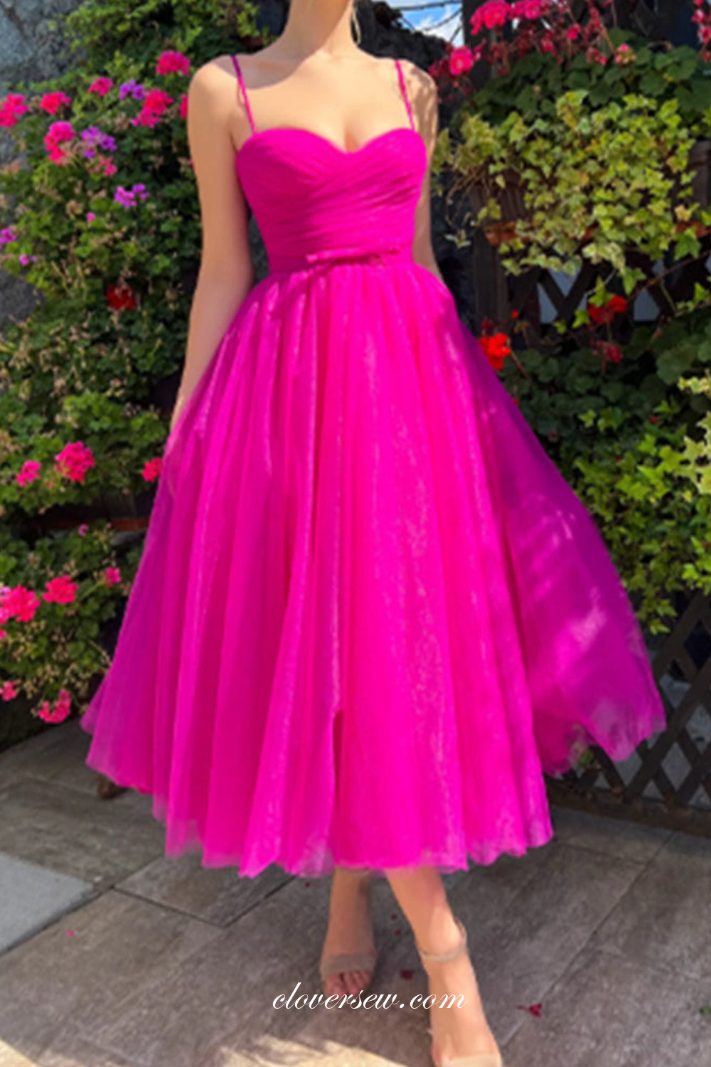 Hot Pink Tulle Sweetheart A-line Tea-length Short Prom Dresses, CP0968