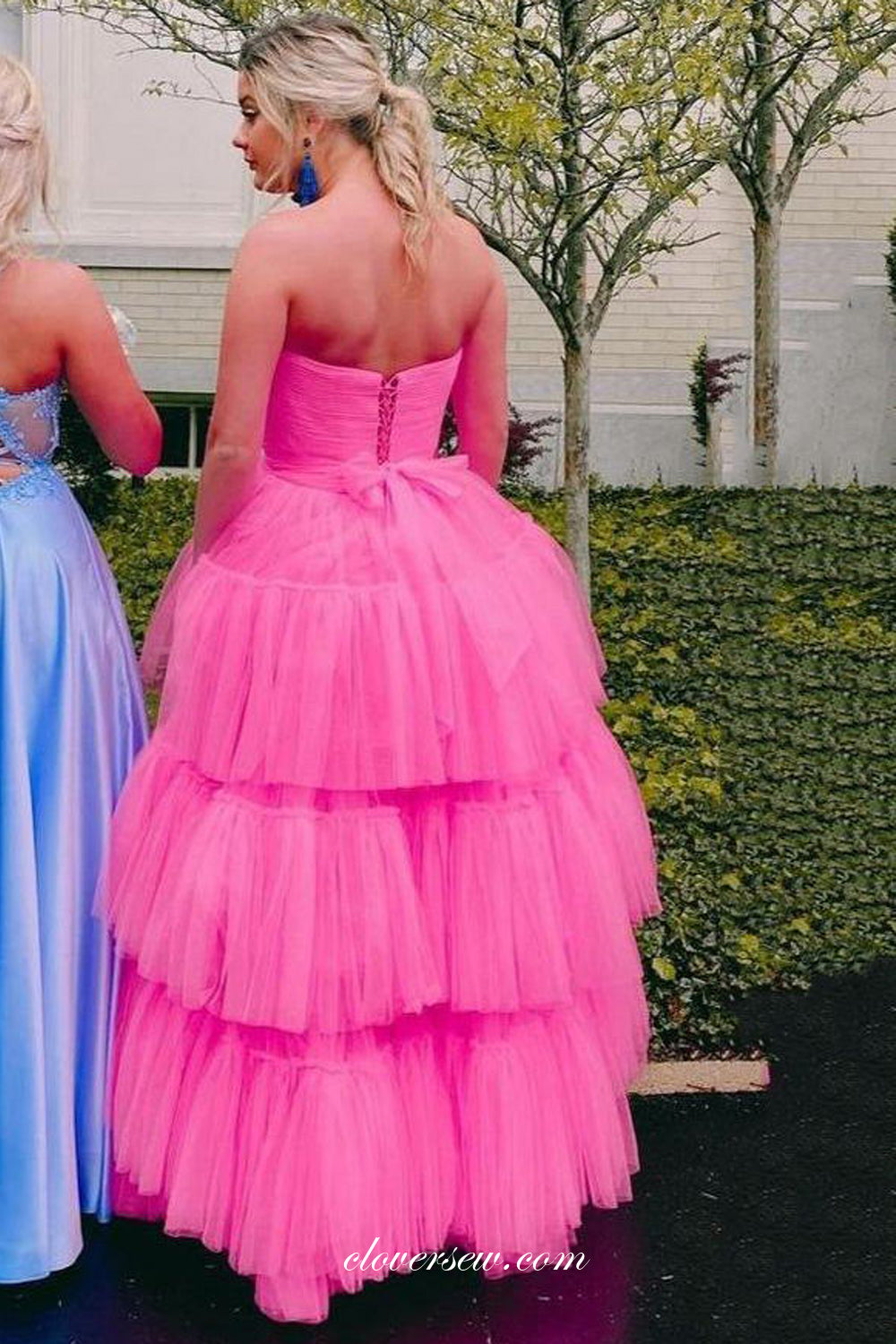 Hot Pink Tulle Tiered High Low Strapless Fashion Prom Dresses, CP0854
