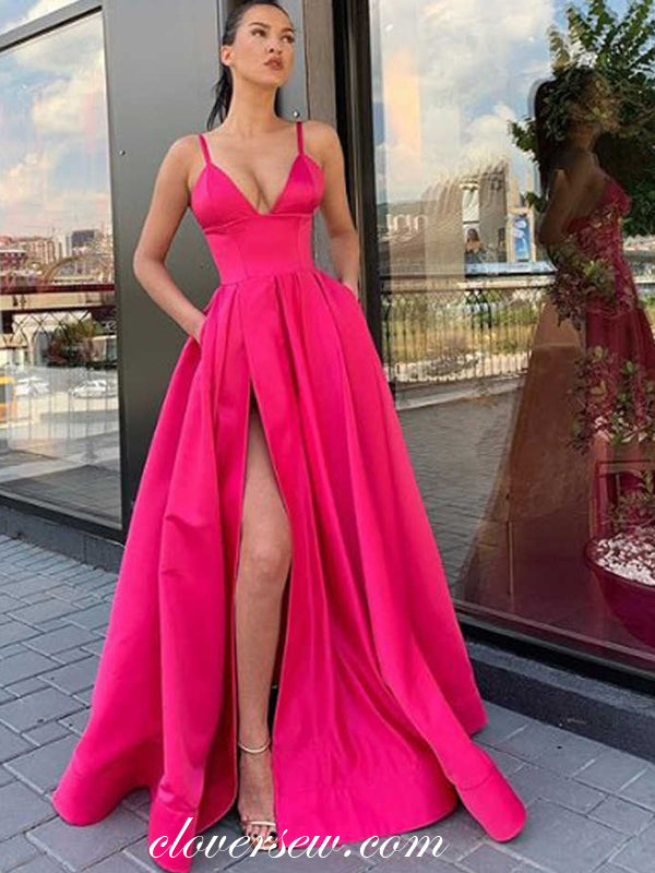 Hot Pink Satin V-neck Side Slit High Waist Prom Dresses,CP0341 Hot Pink Satin V-neck Side Slit High Waist Prom Dresses,CP0341