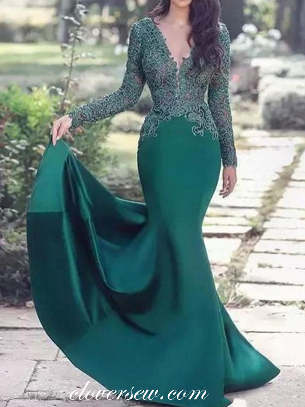Hunter Green Lace Long Sleeves Mermaid Prom Dresses,CP0176 clover sew Hunter Green Lace Long Sleeves Mermaid Prom Dresses,CP0176 clover sew