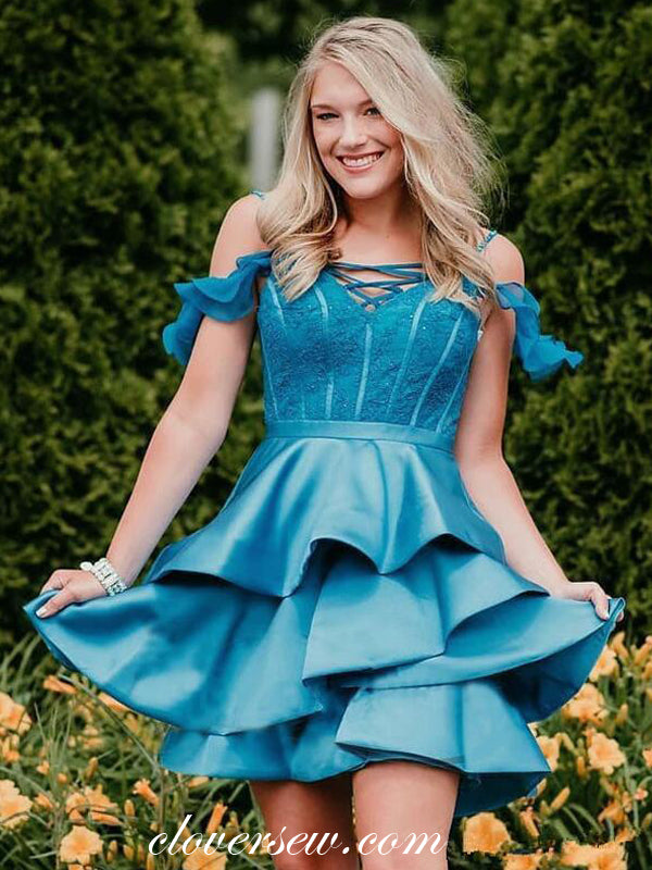 Ice Blue Off The Shoulder Tiered Homecoming Dresses, CH0023 Ice Blue Off The Shoulder Tiered Homecoming Dresses, CH0023