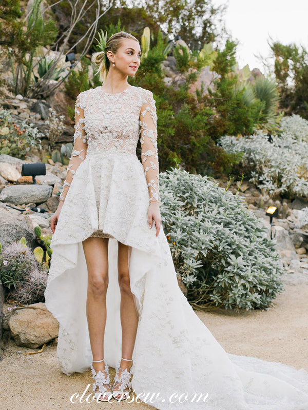 Illusion Gorgeous Beaded Lace Long Sleeves High Low Wedding Dresses, CW0260 US14 / Custom Color(leaving a note) Illusion Gorgeous Beaded Lace Long Sleeves High Low Wedding Dresses, CW0260 US14 / Custom Color(leaving a note)