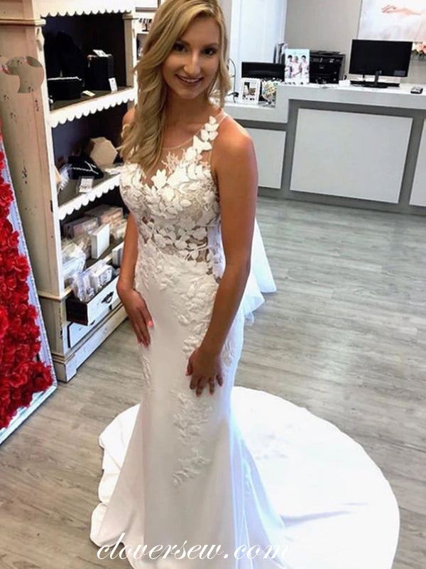Illusion Lace Top Elastic Satin Sleeveless Mermaid Wedding Dresses,CW0 clover sew Illusion Lace Top Elastic Satin Sleeveless Mermaid Wedding Dresses,CW0 clover sew