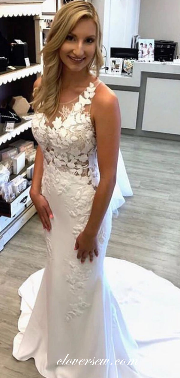 Illusion Lace Top Elastic Satin Sleeveless Mermaid Wedding Dresses,CW0149