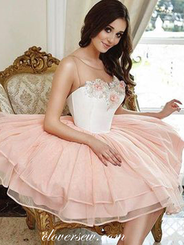 Illusion Neckline Blush Pink Tulle Sweet Homecoming Dresses, CH0009 Illusion Neckline Blush Pink Tulle Sweet Homecoming Dresses, CH0009