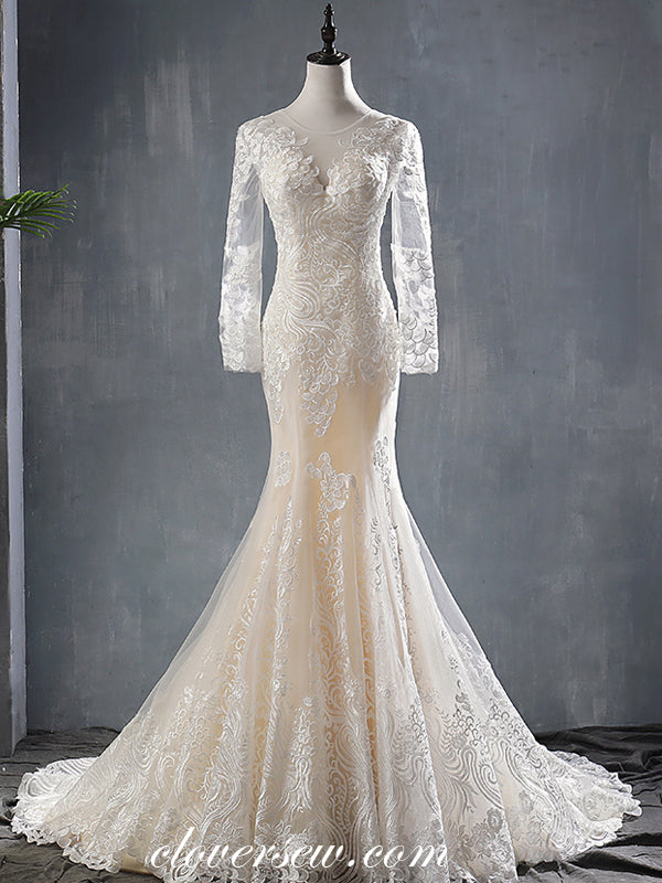 Illusion Lace Long Sleeves Mermaid Lace Up Back Wedding Dresses, CW007 clover sew Illusion Lace Long Sleeves Mermaid Lace Up Back Wedding Dresses, CW007 clover sew