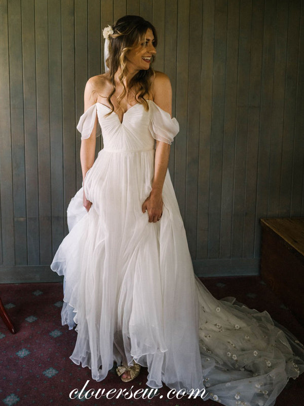 Ivory Chiffon Off The Shoulder With Floral Veil Simple Wedding Dresses clover sew Ivory Chiffon Off The Shoulder With Floral Veil Simple Wedding Dresses clover sew