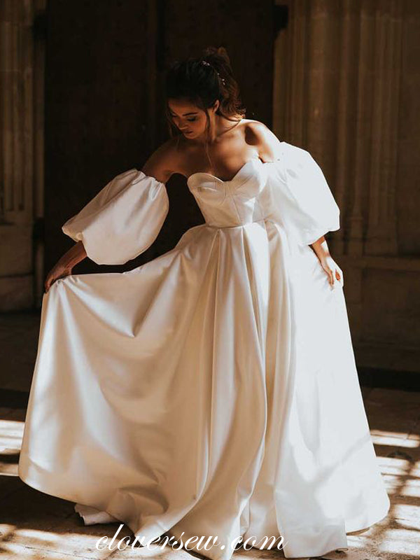 satin lantern sleeve dress Bodycon Square Neck Satin Short Wedding Dresses with Lantern Sleeves Diamond White / 4