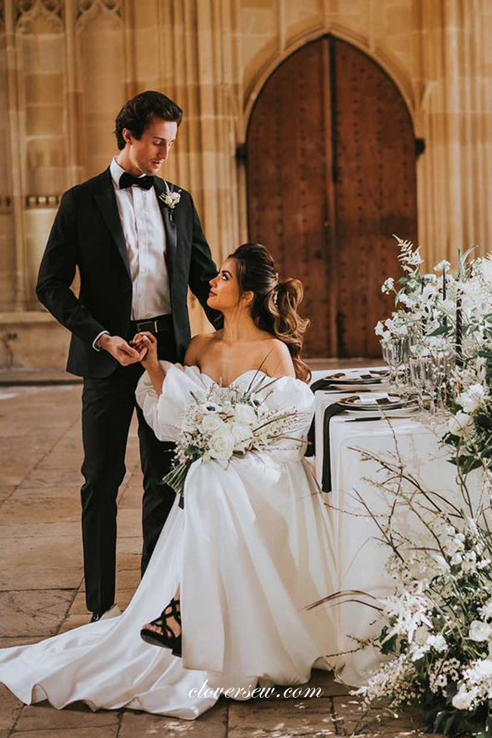 Ivory Satin Convertible Lantern Sleeves A-line Wedding Dresses, CW0287