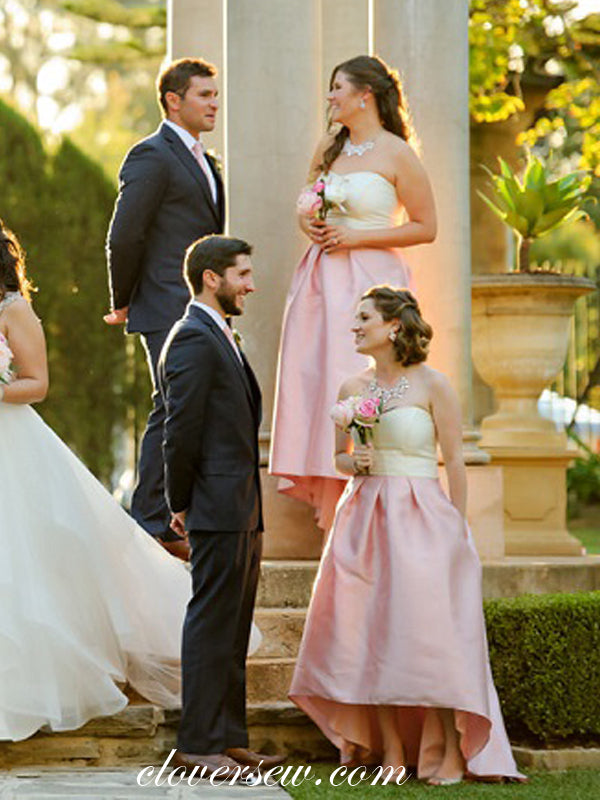 Ivory Pink Satin Sweetheart Strapless High Low Bridesmaid Dresses, CB0059 Ivory Pink Satin Sweetheart Strapless High Low Bridesmaid Dresses, CB0059