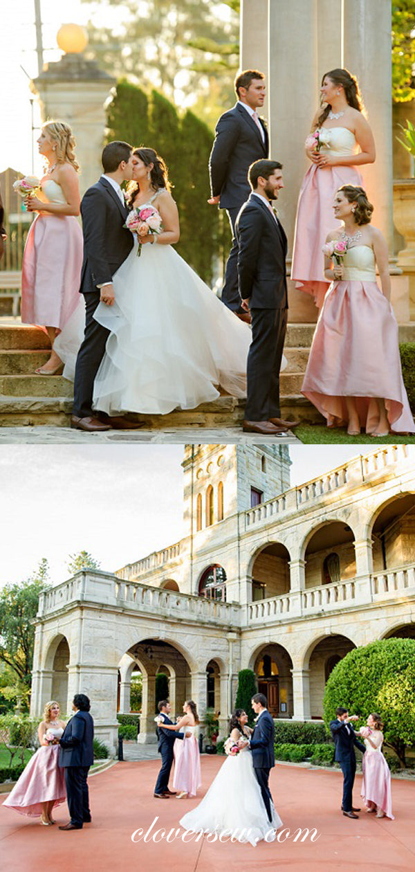 Ivory Pink Satin Sweetheart Strapless High Low Bridesmaid Dresses, CB0059