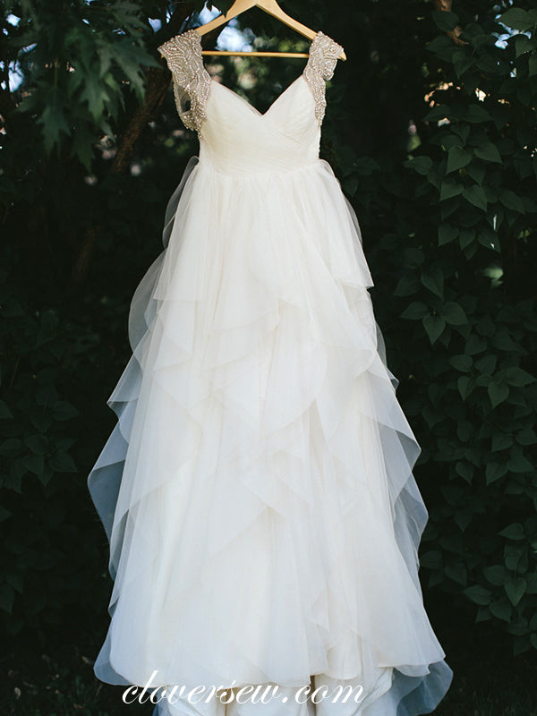 Ivory Tulle Silver Beaded Wide Strap Open Back Ruffles A-Line Wedding Dresses , CW0037 US2 / Custom Color(Leaving A note) Ivory Tulle Silver Beaded Wide Strap Open Back Ruffles A-Line Wedding Dresses , CW0037 US2 / Custom Color(Leaving A note)