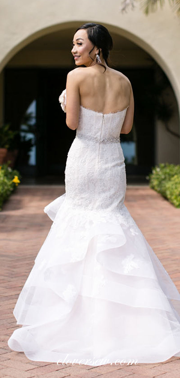 Lace Applique Organza Ruffles Mermaid Strapless Wedding Dresses,CW0129