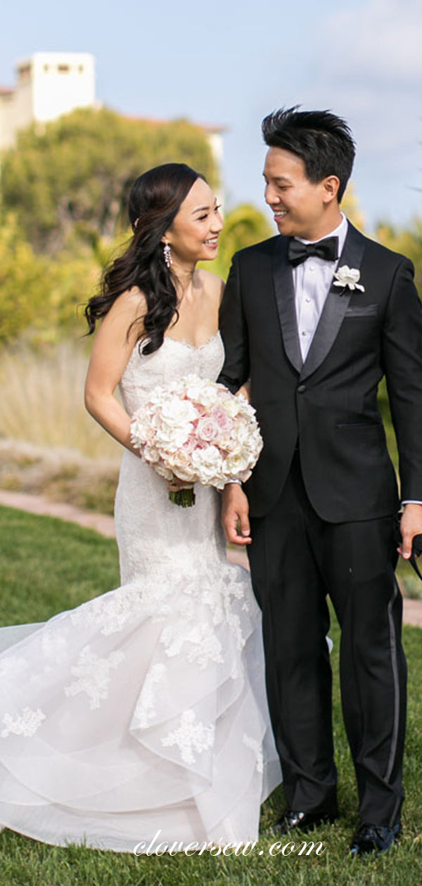 Lace Applique Organza Ruffles Mermaid Strapless Wedding Dresses,CW0129