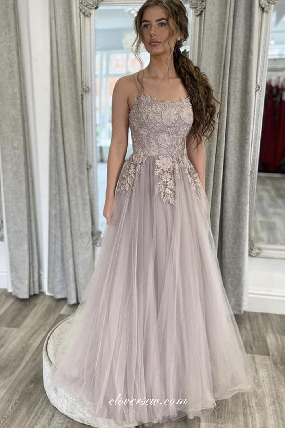 Lace Applique Spaghetti Strap A-line Prom Dresses, CP0868
