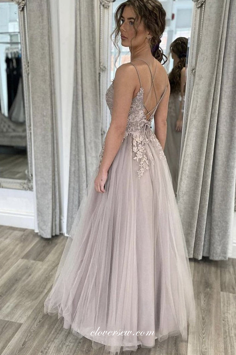 Lace Applique Spaghetti Strap A-line Prom Dresses, CP0868