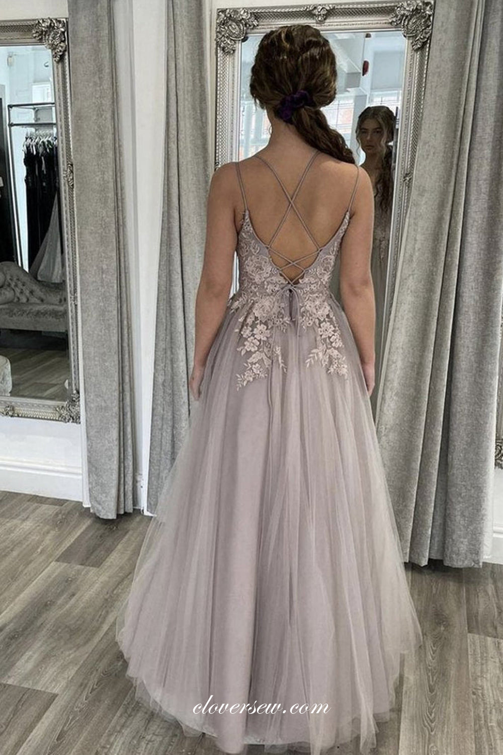 Lace Applique Spaghetti Strap A-line Prom Dresses, CP0868