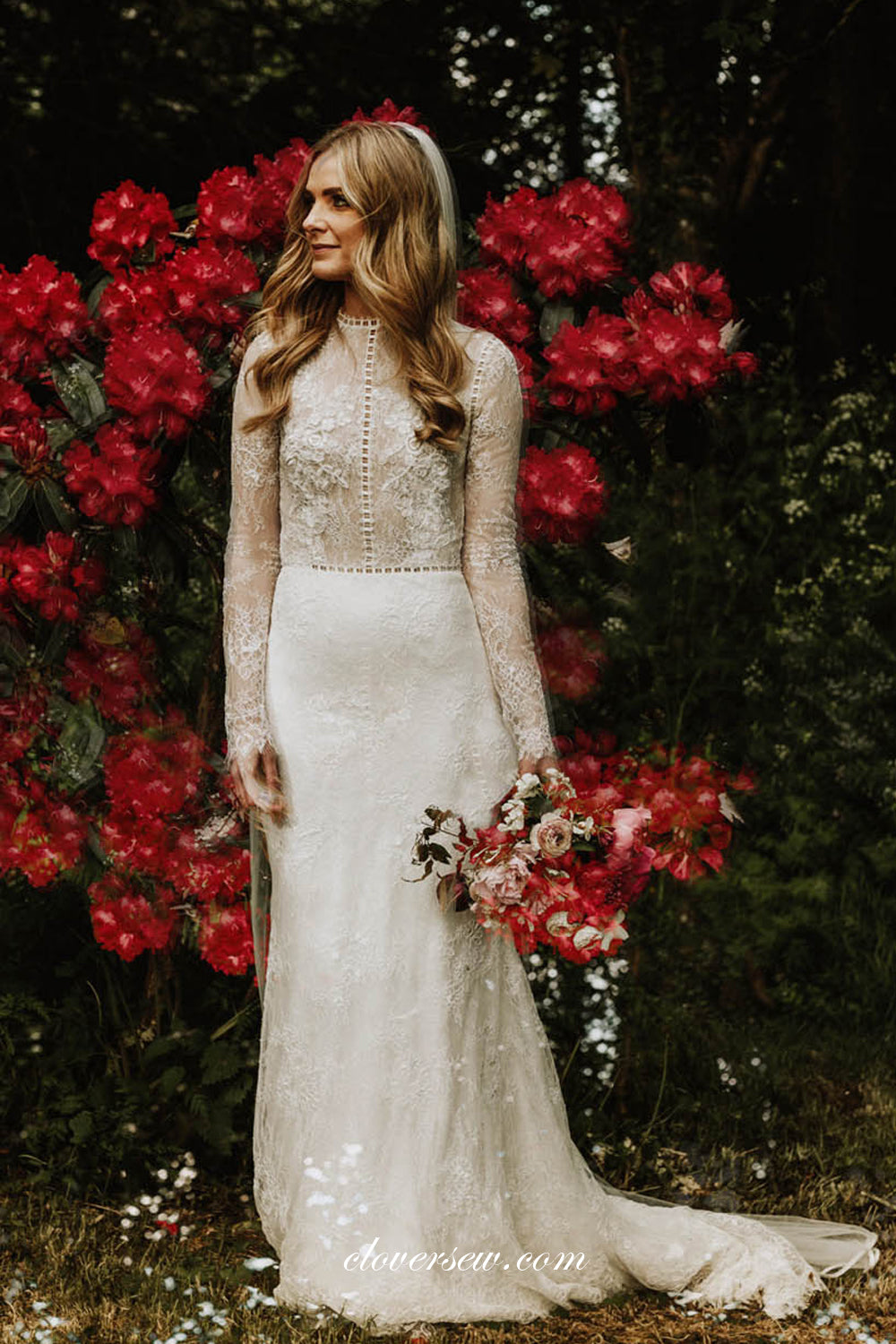Lace High Neck Long Sleeves Sheath Wedding Dresses, CW0238