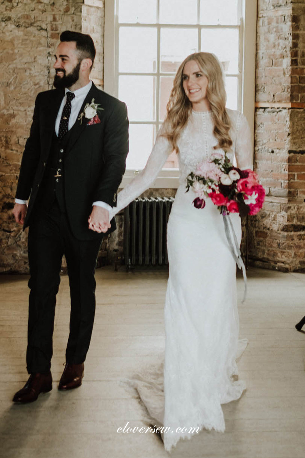 Lace High Neck Long Sleeves Sheath Wedding Dresses, CW0238