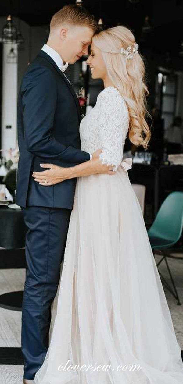 Lace Tulle Half Sleeves A-line Country Wedding Dresses,CW0115