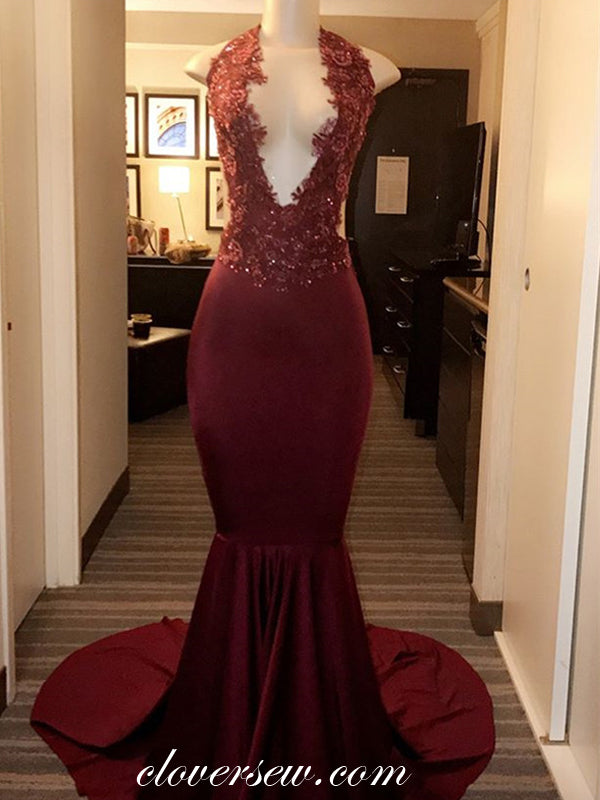 Lace Bead Burgundy Jersey Halter Mermaid Prom Dresses,CP0216 clover sew Lace Bead Burgundy Jersey Halter Mermaid Prom Dresses,CP0216 clover sew