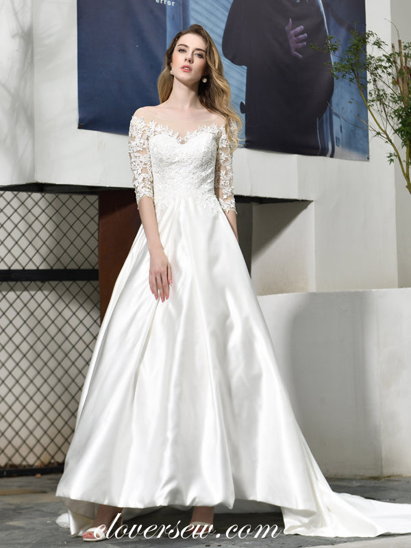 Lace Top Off The Shoulder Satin A-line Half Sleeves Wedding Dresses, CW0076 US2 / As Pic Lace Top Off The Shoulder Satin A-line Half Sleeves Wedding Dresses, CW0076 US2 / As Pic