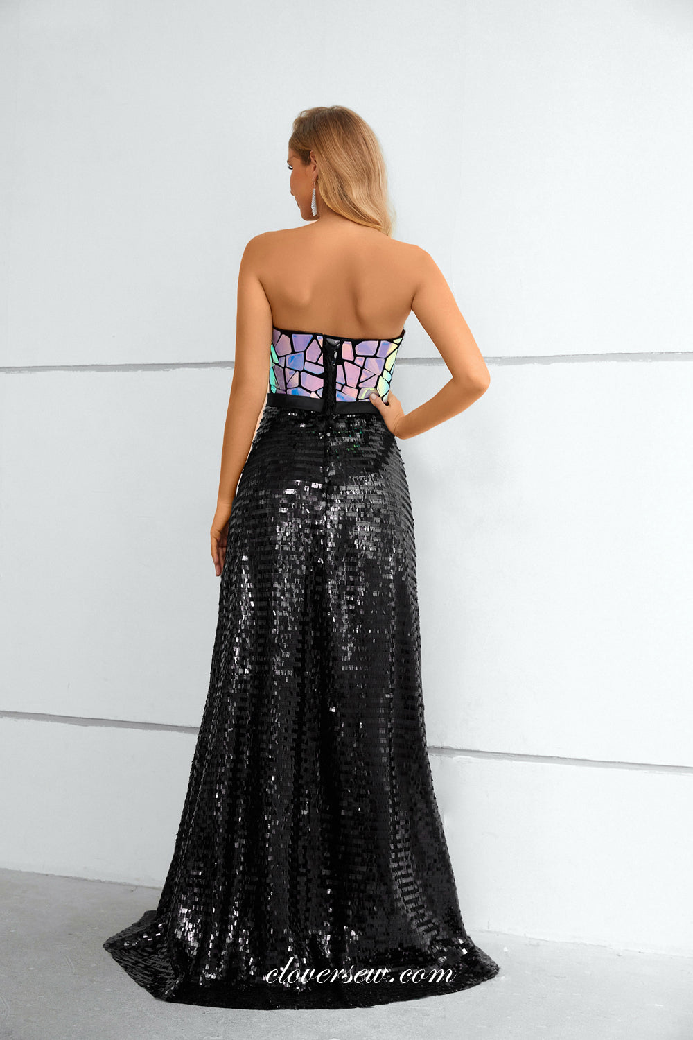 Laser Black Sequined Lace Strapless A-line Sparkly Prom Dresses, CP0918