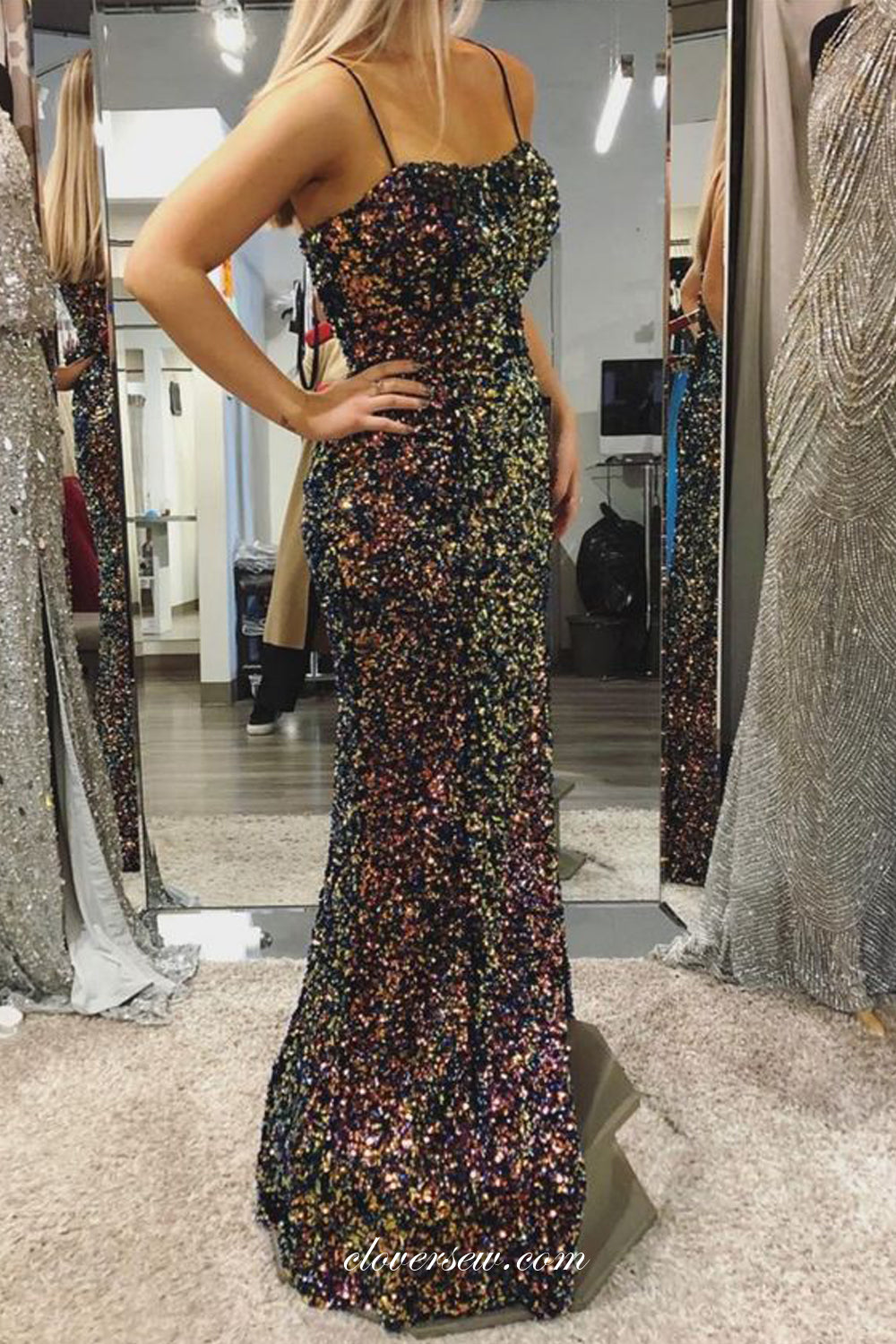 Laser Sequin Spaghetti Strap Mermaid Popular Evening Dresses, CP0882