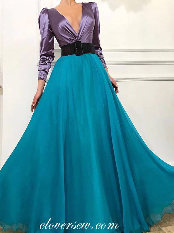 Lavender And Ice Blue Chiffon Long Sleeves V-neck Formal Dresses, CP07 clover sew Lavender And Ice Blue Chiffon Long Sleeves V-neck Formal Dresses, CP07 clover sew