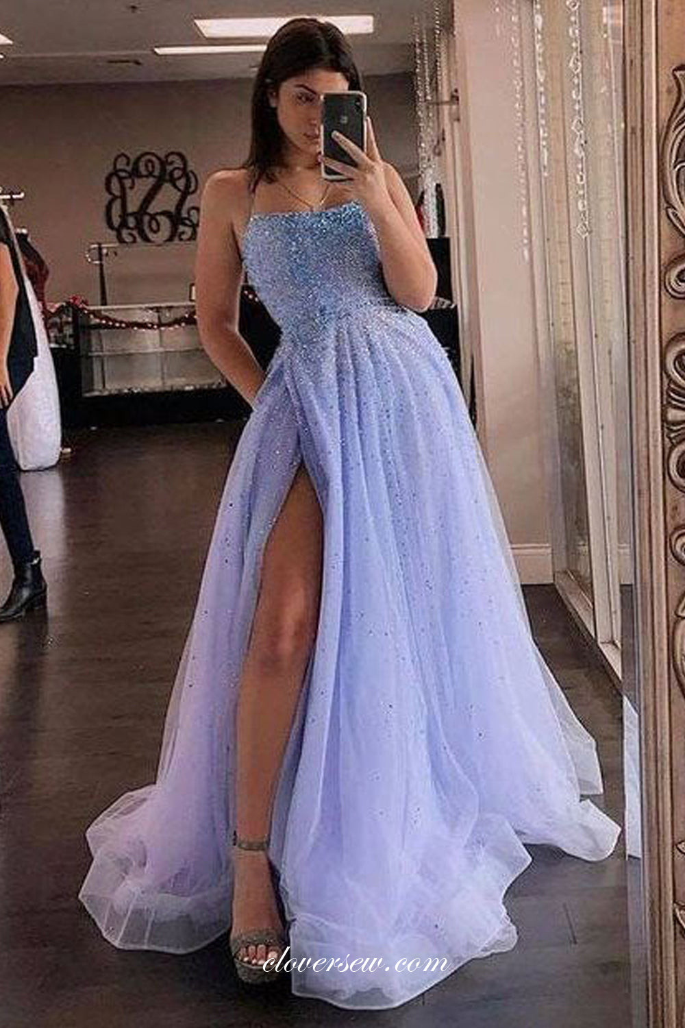 Lavender Beading Tulle Spaghetti Strap Lace Up Back Side Slit Prom Dresses, CP0936