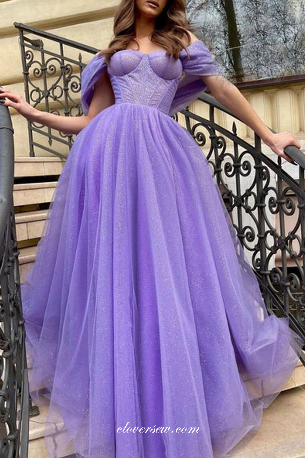 Lavender Glitter Tulle Off The Shoulder A-line Popular Prom Dresses, CP0874