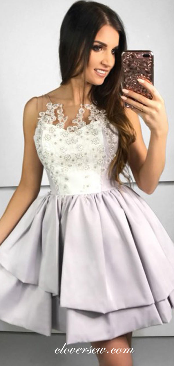 Lavender Satin Bead Applique Sleeveless Homecoming Dresses ,CH0010