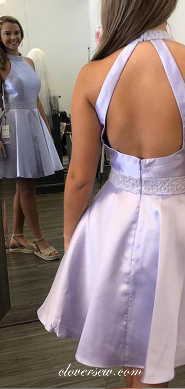Laverder Satin Bead Belt Halter Open Back Homecoming Dresses, CH0011