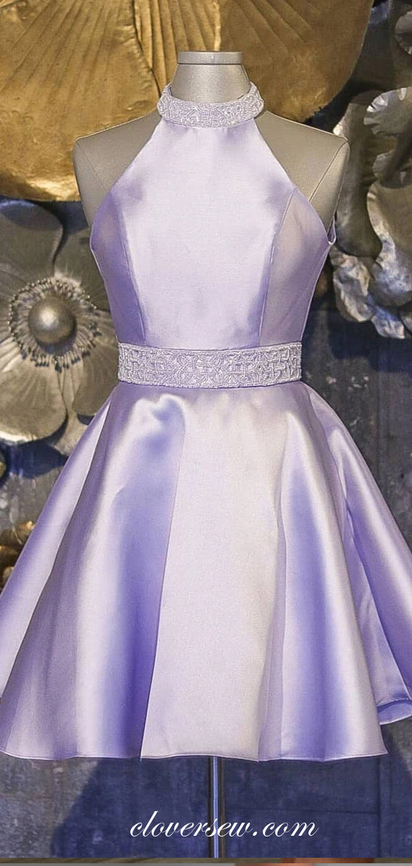Laverder Satin Bead Belt Halter Open Back Homecoming Dresses, CH0011