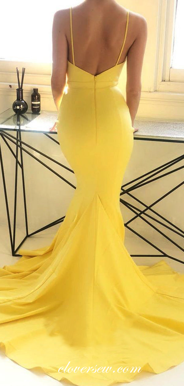 Lemon Yellow Spaghetti Strap Mermaid Sweep Train Prom Dresses, CP0513