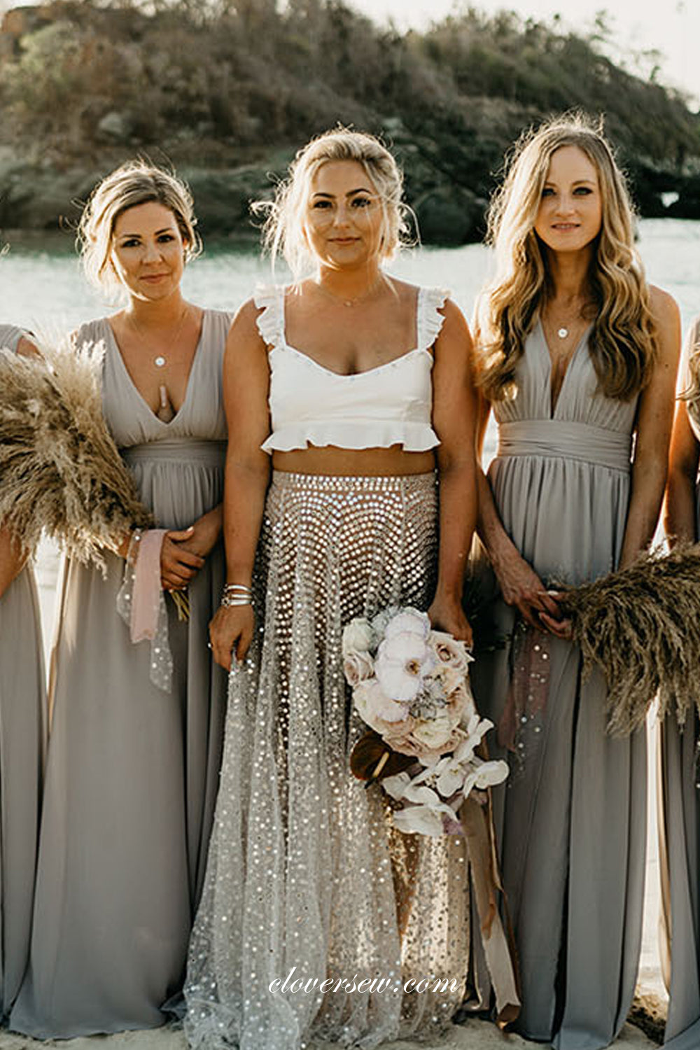 Ligh Grey High Waist V-neck A-line Long Bridesmaid Dresses, CB0285